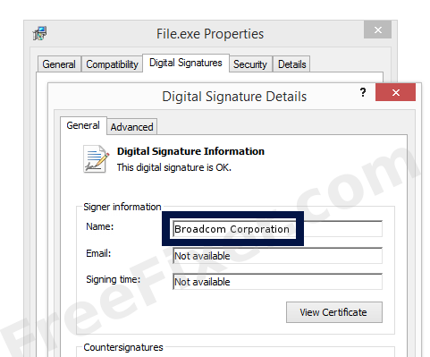 Screenshot of the Broadcom Corporation certificate
